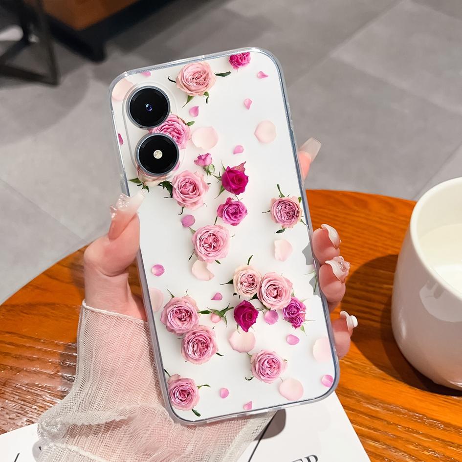 Étui de téléphone pour Vivo Y27 Y15 Y21 Y20 Y36 Y33 Y02S Y10, coque arrière de luxe antichoc, sac de téléphone Transparent mat en Silicone souple, fleur pour Vivo pare-chocs