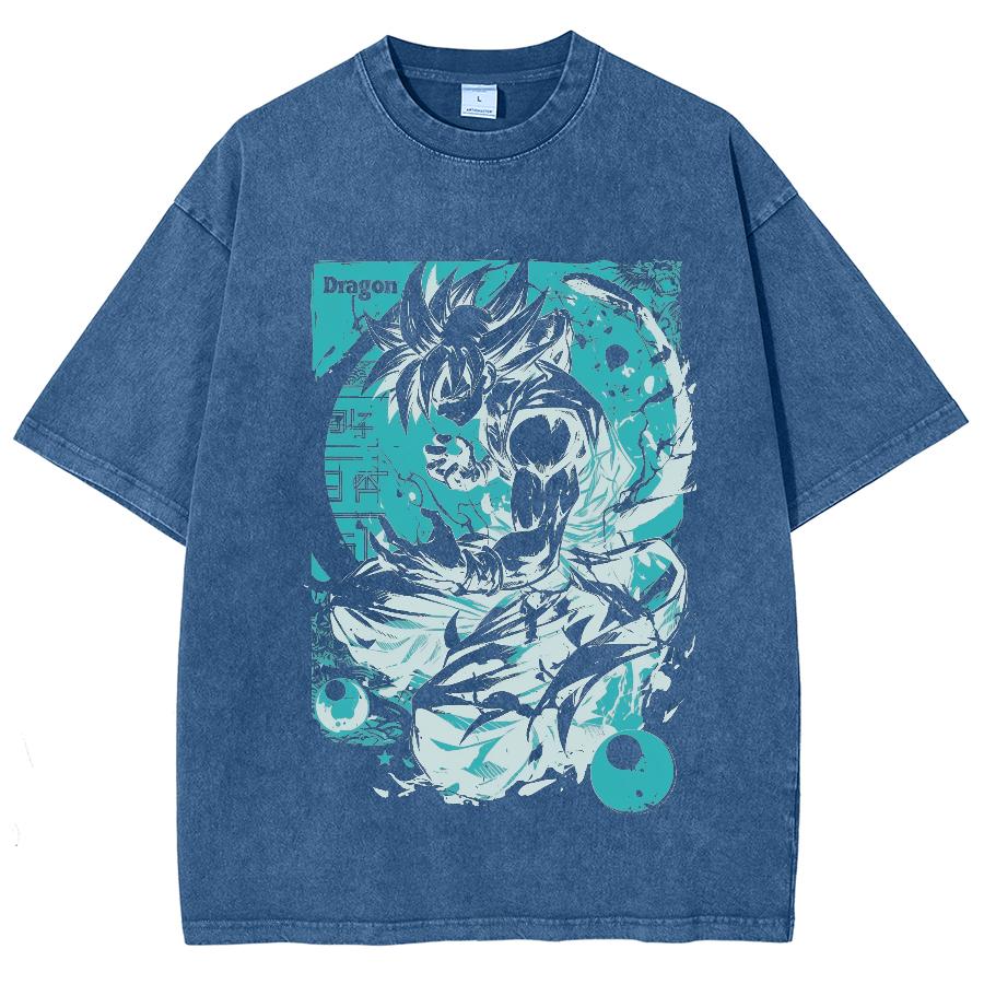 Maglietta da donna a maniche corte in denim lavato, comoda e di alta qualità, con stampa di personaggio dei cartoni animati giapponese verde.