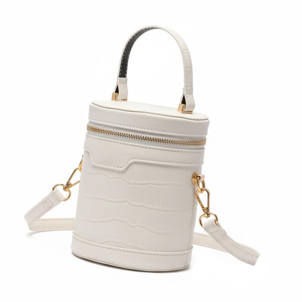 Modische Zylinder Handtasche Tote Damen PU Leder Verstellbar Elegant Umhängetasche für Tägliche Arbeit Weiß