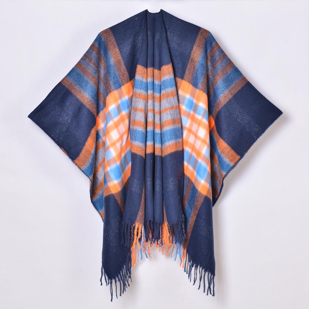 Foreign Trade, New Tassel Split Shawl Autumn and Winter Women's Simple Plaid Jacquard Scarf Cape