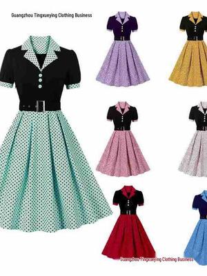 Krótka sukienka w kropki z kołnierzykiem, krótkim rękawem i paskiem wyszczuplająca dla kobiet - Moda Wiosna/Lato