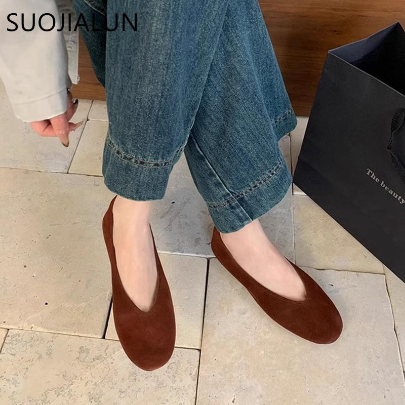 Fashion SUOJIALUN 2025 Women Genuine Leather Women Flat Shoes Fashion Round Toe Shallow Slip On Boat Shoes Soft Flat Heel Single Shoes