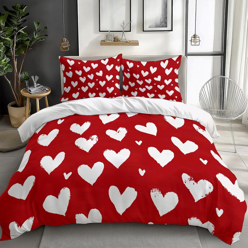 Red Hearts Soft Duvet Cover Set Quen Sized Dimensions, Red plus White Love Beding Set,Romantic Valentine Warm Comforter Cover Set,Couple Hearts Love