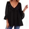 Women's V Neck Three Quarter Sleeve Ruffle Blouse Loose Fit Casual Solid Color Tunic Top