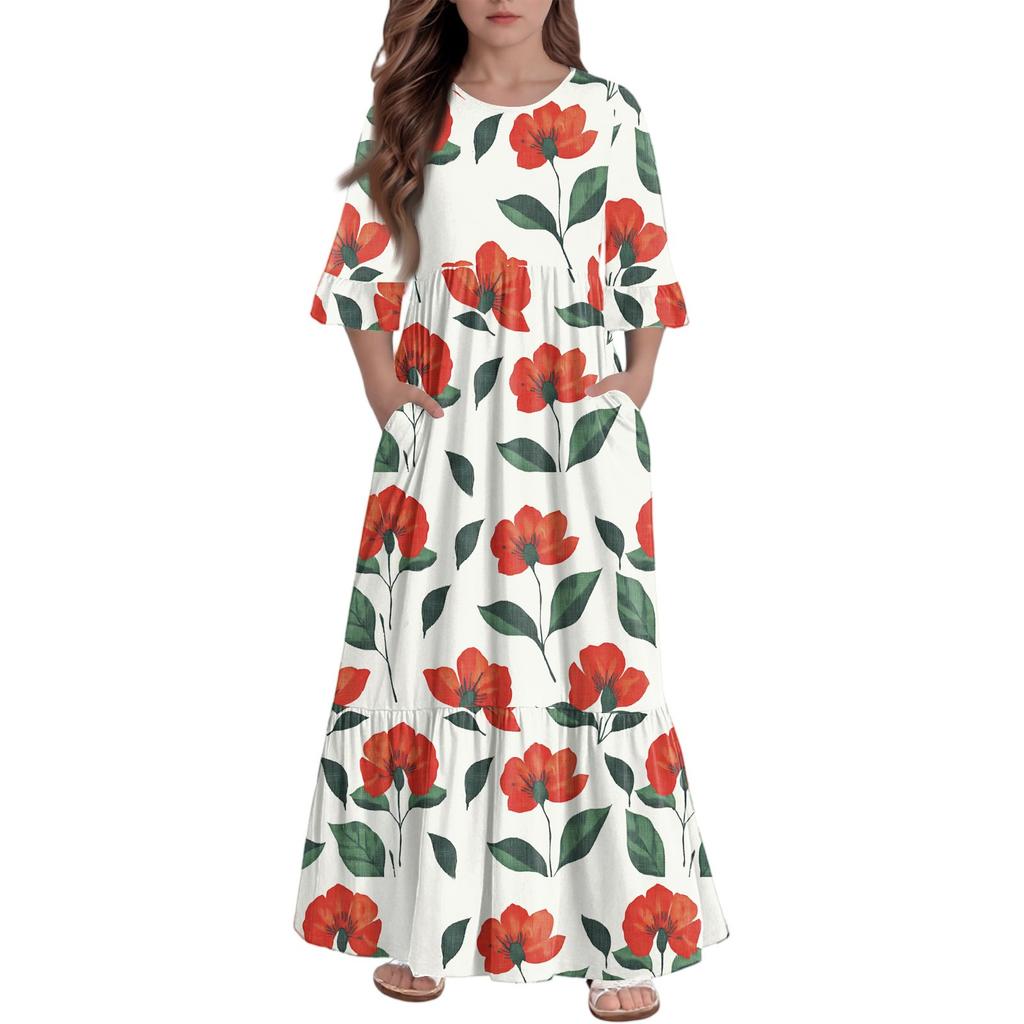 Girls' Tiered Ruffle Dress - 3/4 Sleeve Pocket Maxi With Pockets