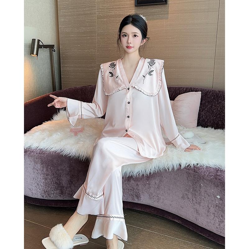Rose Doll Collar French Sweet Ladies Pajamas Ice Silk Autumn and Winter Long Sleeve Comfortable Homewear Set