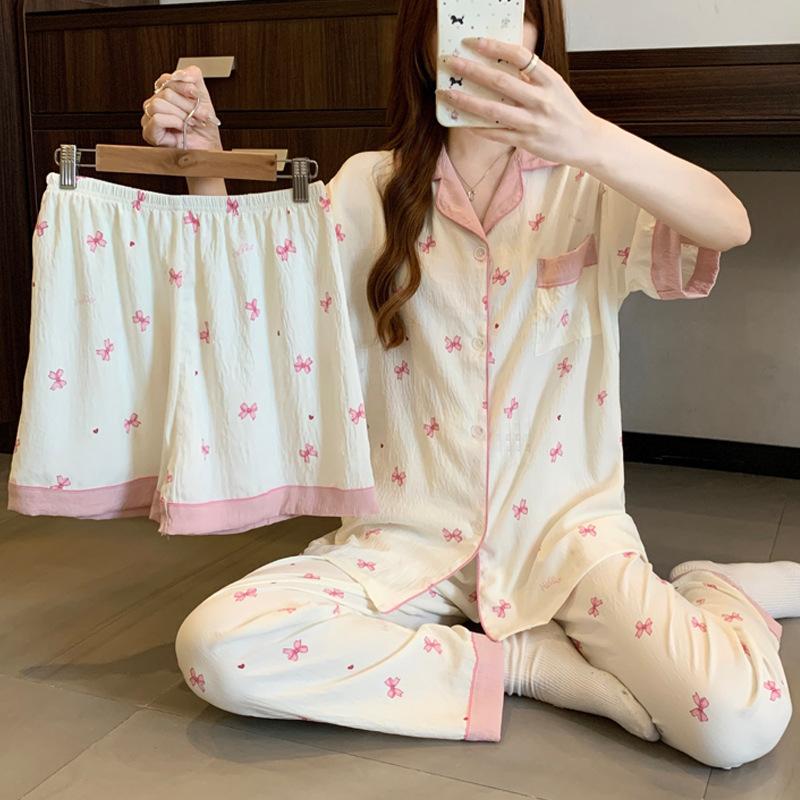 Pink Cute Bow Printing Contrasting Color Cloud Cotton Pajamas Women'S Summer Casual Loungewear Short-Sleeved Three-Piece Set