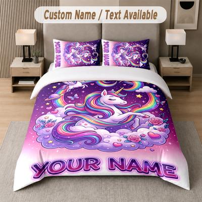 Unicorn Theme Custom Text Or Name 3Pcs Bedding Set 1 Flat Sheet & 2 Pillowcases Personalized Home Bedding