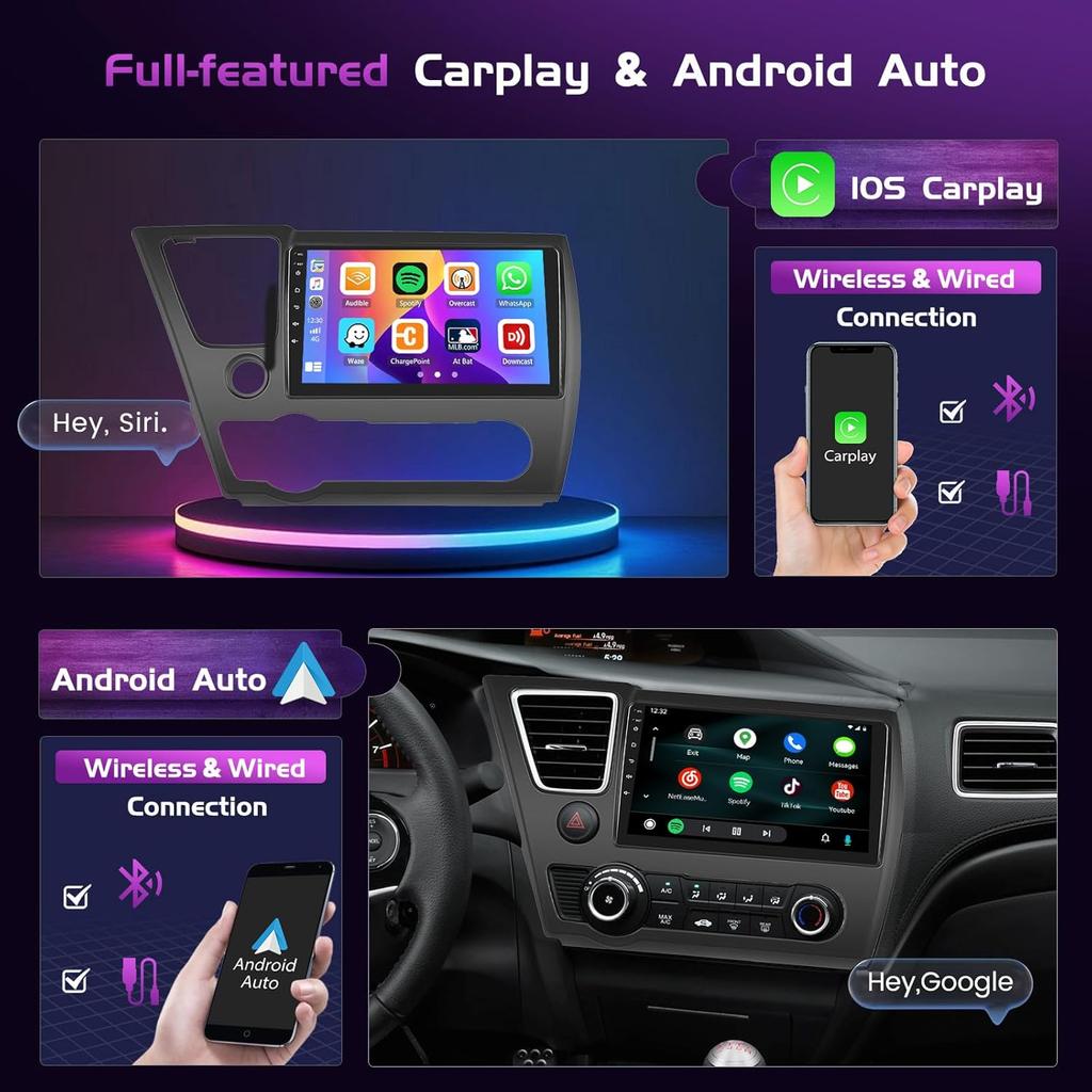 Android 15 Car Stereo for Honda Civic 2013-2017, 4+64GB, CarPlay, Android Auto, 9' Touch Screen, GPS, WiFi, Bluetooth, Backup Ca
