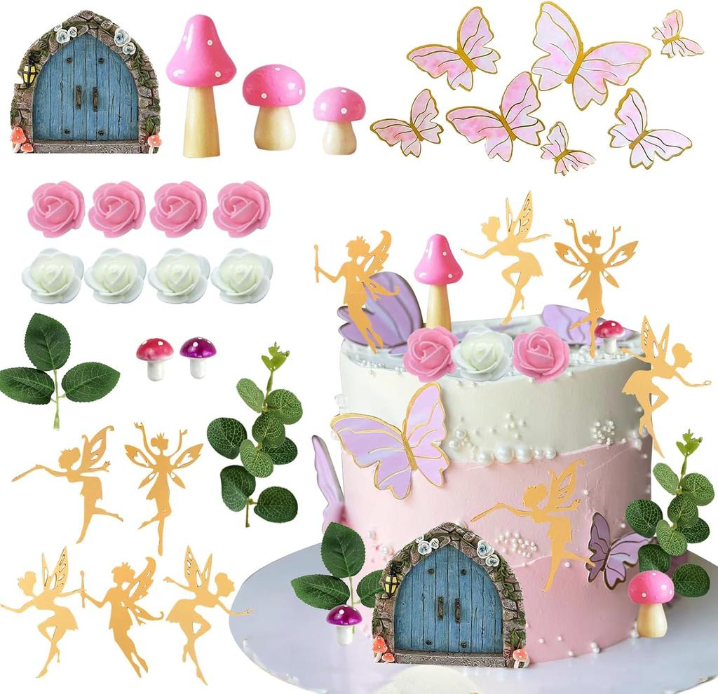 Fairy Cake Toppers Fairy Cake Decoration Pink Mushroom Door Butterfly Flower Cake Decoration Fairy Garden Topper for Fairy Party