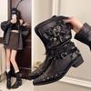 Black pleated western cowboy short boots women's 2025 new spring and autumn single boots V-mouth rivets pointed thick heel Martin boots