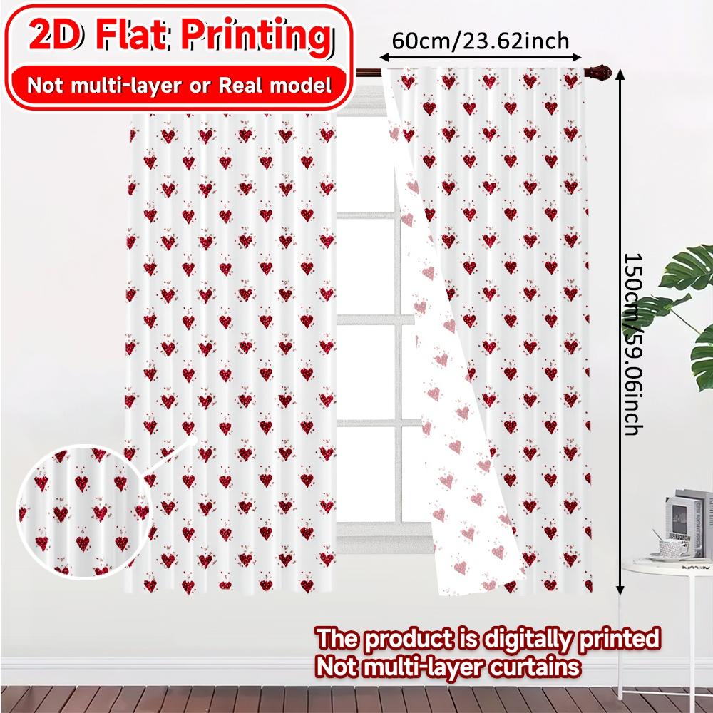 2D Flat Printing,2pcs Heart Grid Pattern Modern Curtains&Window Treatment Durable 100% Polyester Fabric Curtains Versatile All