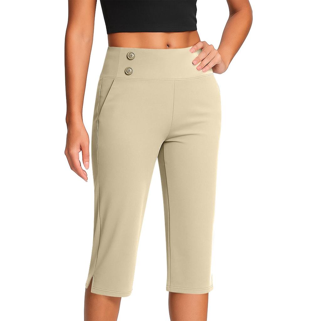 Pantalones de Moda para Mujer de Color Sólido con Bolsillos con Botones y Bajos Divididos Cintura Alta Deportes Yoga Casual Pantalones Recortados