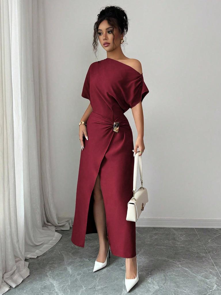 Summer Off-Shoulder Dress for Women, Solid Color Split Elegant Slim Fit Bodycon Maxi Dress