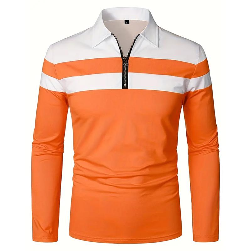 Spring Autumn Men Clothes Long Sleeve Casual Zipper Polo Shirt Men Spell Color Golf Tops 100% Plyester Lapel Sport Golf Polo