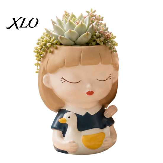 Compact Resin Pot for Windowsill Cute Head Planter, Succulent Little Girl Flower Pot, Human Small Flowerpot Succulents Face Cactus Plants Container,