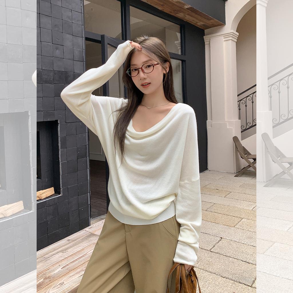 Solid Color Swinging Collar One-word Shoulder Long-sleeved Knitted Women's Off-the-shoulder Base, Inner Cover, Early Autumn Wear
