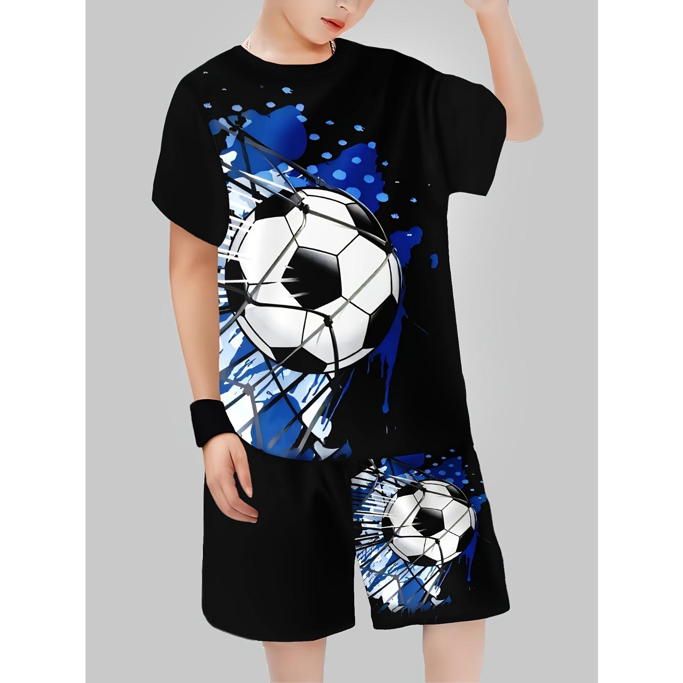 

New trendy versatile cool style 3D printed pattern of football flying short sleeve set little boys 5-6Y