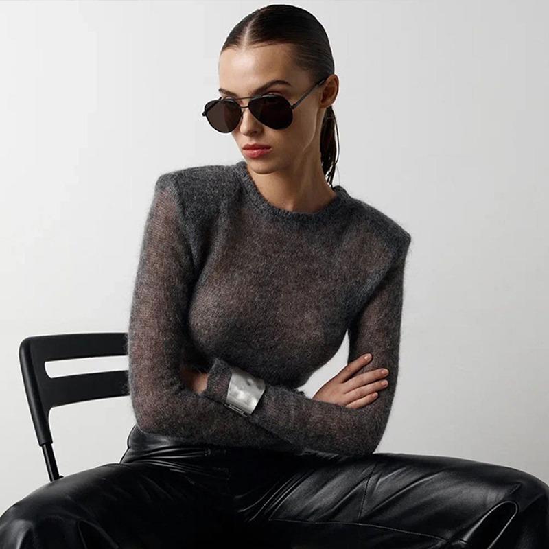 Women Elegant Soft O-Neck Sweater Autumn Winter Perspective Knitwear Pullover Long Sleeve High Street Knitwear