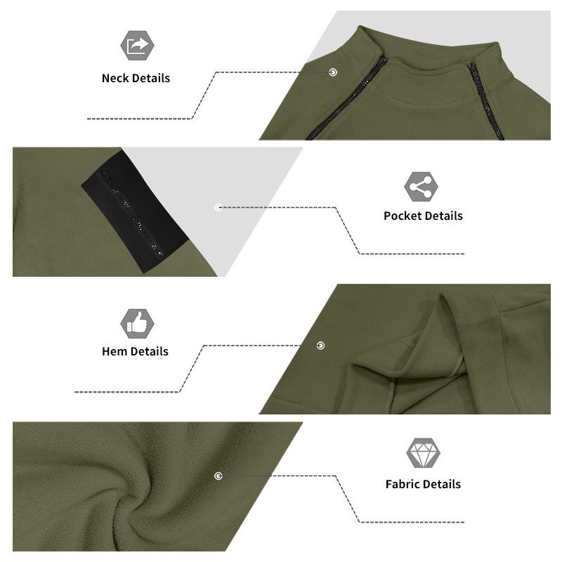 Men's Warm Polar Fleece Stand Collar Sweatshirt Asymmetric Half Zip Long Sleeve Pullover Top with Arm Pocket Outdoor Casual Shirt
