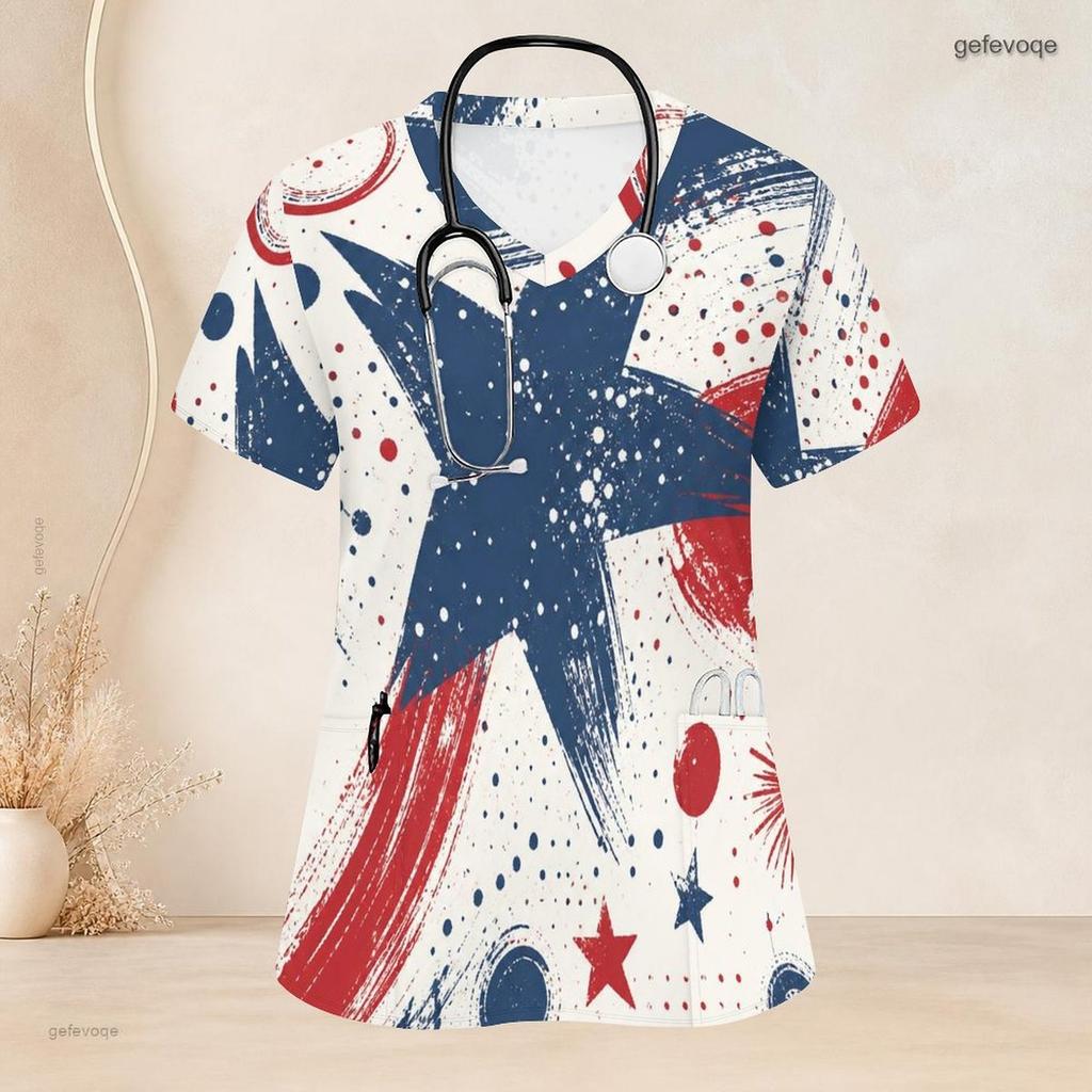 Women Plus Size Nurse Scrub Top V Neck Short Sleeve Star Printed Red White Blue With Front Pockets