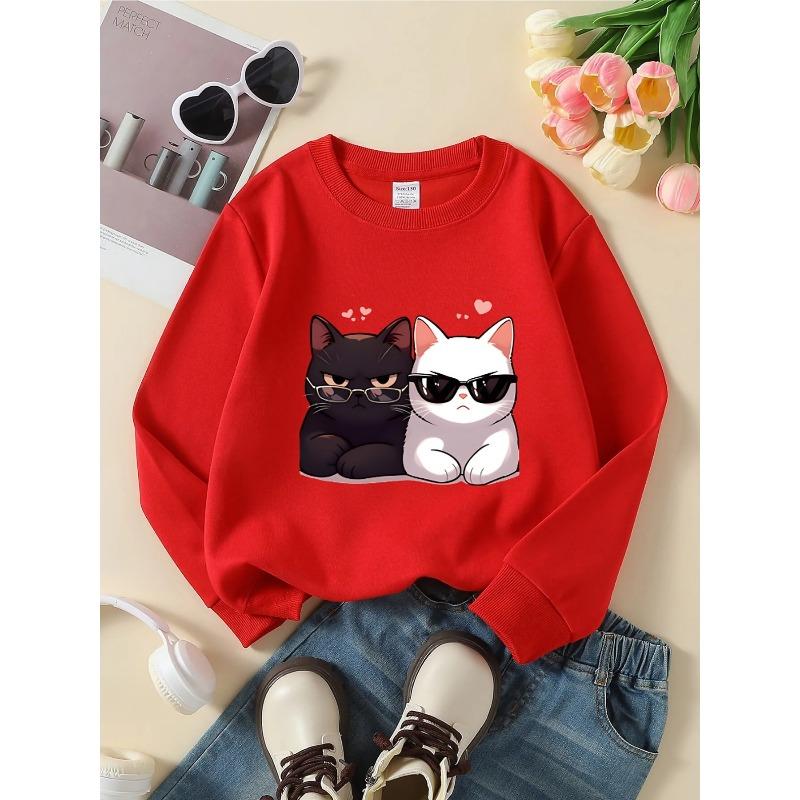 European Sizes Kids' Crewneck Sweatshirt - Black Cat White Cat Sunglasses Heart , Sportswear And Casual Wear, Soft And Comfortable, Clothing