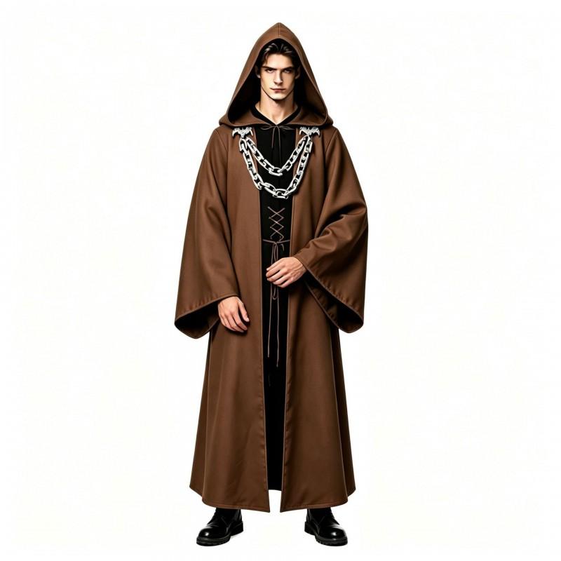 Halloween Gothic Hooded Robe Costume With Chain Detail Medieval Wizard Priest Cosplay Outfit Party