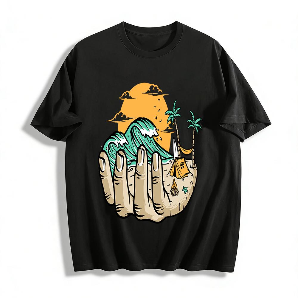 

Handheld Island Camping Surf Print Casual T-Shirt Pure cotton T-shirt XXS