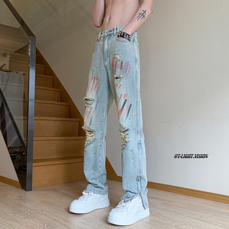 Tie-dye Graffiti Slightly Ripped Jeans American Street Hiphop Pants Ins Trendy European and American High Street Straight Pants