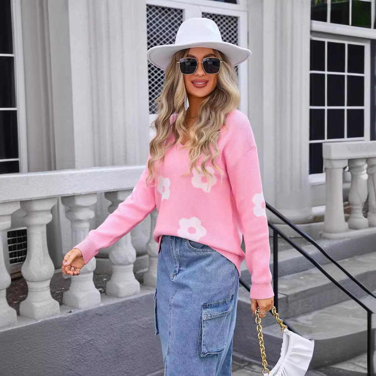 

Women s Sweater Plus Size Sweater V-Neck Long Sleeve Floral Knitwear XL рожевий