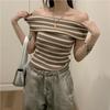 Striped Off Shoulder Sweater For Women With Slim Fit Short Sleeve Knit Top