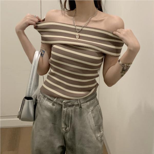Striped Off Shoulder Sweater For Women With Slim Fit Short Sleeve Knit Top