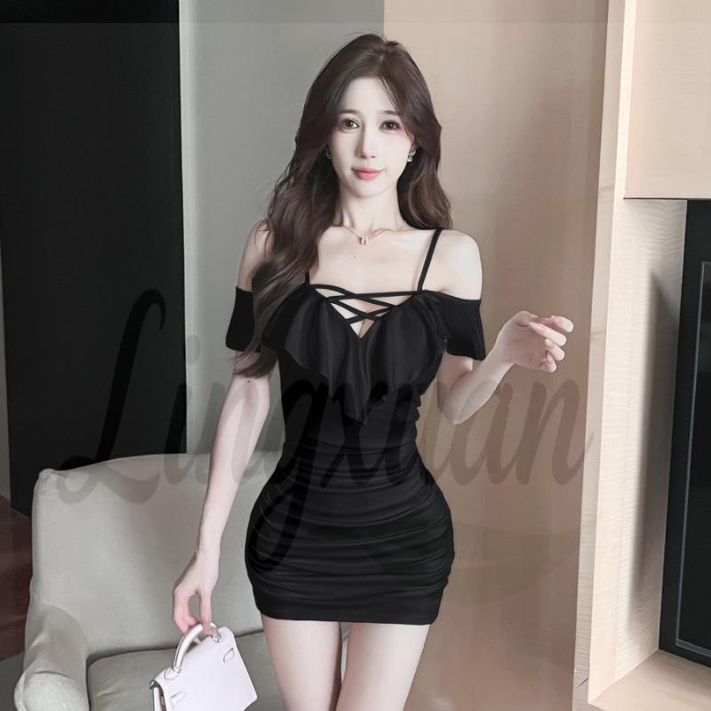Elegant Off-Shoulder Ruffle Pleated Mini Dress Large чёрный