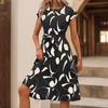 Spring Summer Women O Neck Pleated Medium Long Dress Fashion Print Lace-up Dress
