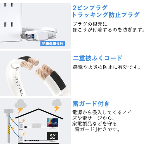 KOMIA Power Strip Tower with 6 AC Outlets, 2 USB-A Ports, and 1 USB-C Port, 1m Extension Cord for Type-C Power Strips, Multi-Tap, and Lightning Protec