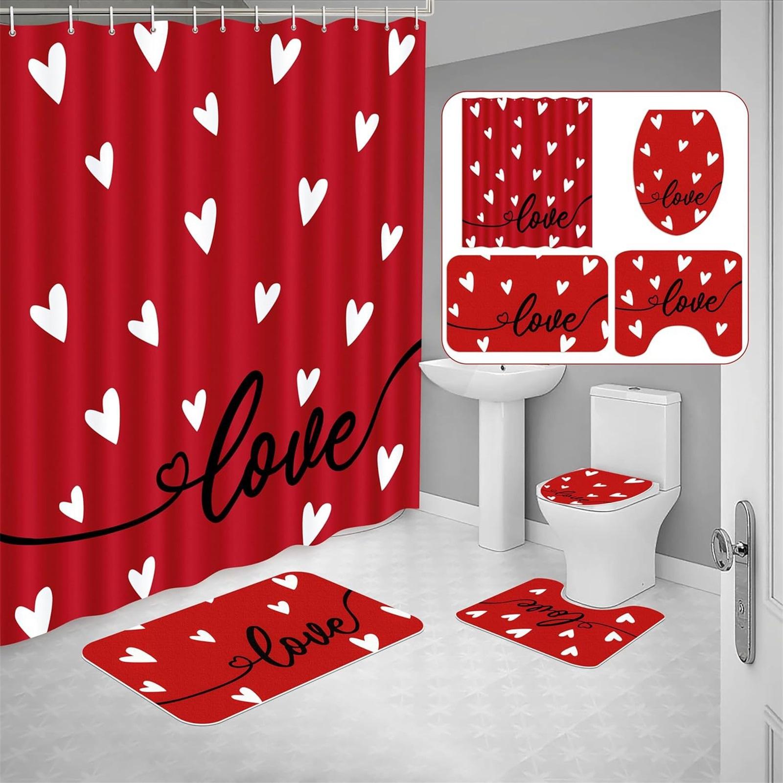 

4-piece Valentine s Day Shower Curtain Bathroom Set - Red Love Carpet Toilet Seat Cushion, Absorbent Shower Pad one size