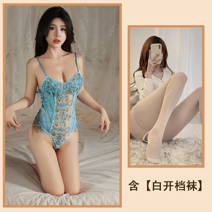 Sex Underwear Lace Embroidery Hollow Pajamas Sexy Suspender One-piece Waist Transparent Temptation Mesh Set