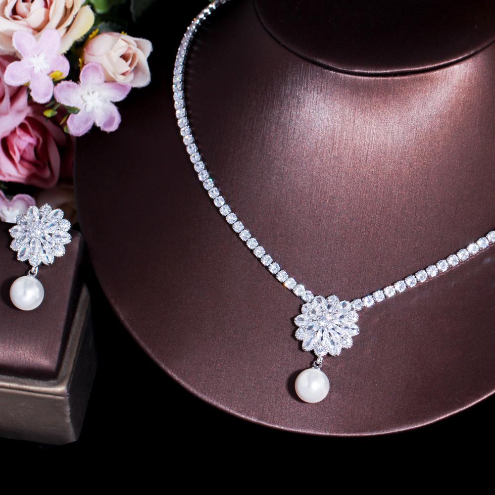 Gorgeous Cubic Zirconia Flower Drop Women Wedding Party Pearl Necklace Earrings Fashion Bridal Jewelry Sets Gift