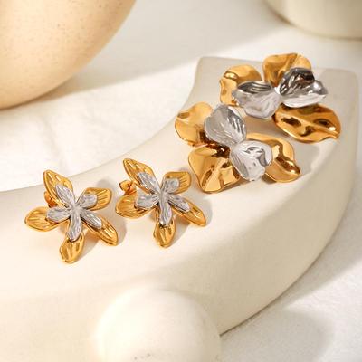 European & American Cross-border Colorblock Floral Titanium Steel Stud Earrings - Luxe Non-fading Stainless Steel Leaf Design for Women