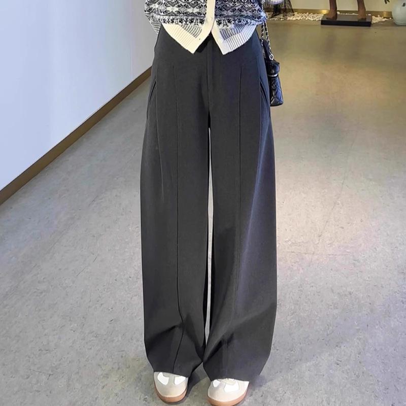 

High Waist Gray Wool Wide-Leg Pleated Pants for Women - Autumn/Winter Slimming Design Large серый