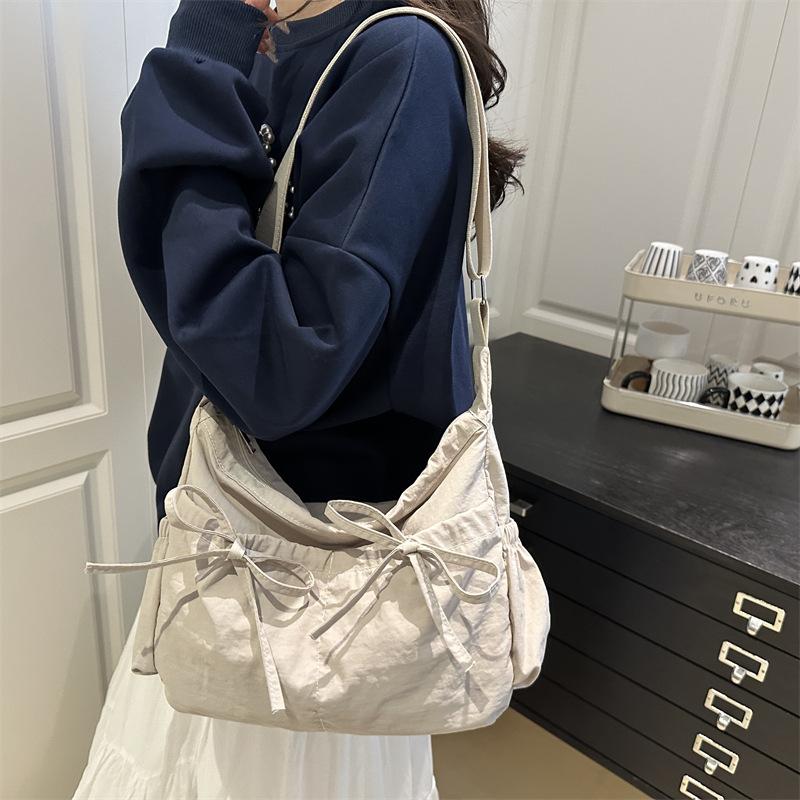 Pleated Bow Knot Tote Bag for Women Cotton Large Capacity Shoulder Crossbody Bag