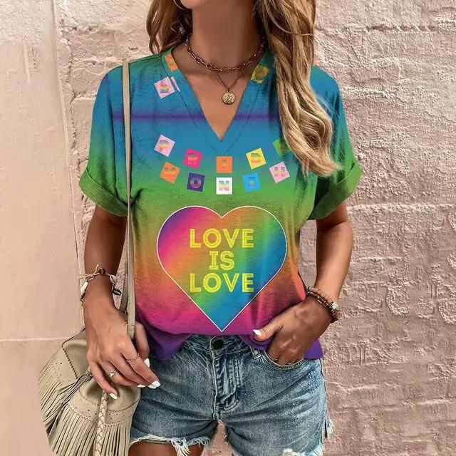 Women'S T-Shirt 3d Rainbow Color Print Tops Tees Fashion Casual V-Neck Pride Month Clothing Summer Lady Oversized Pullovers