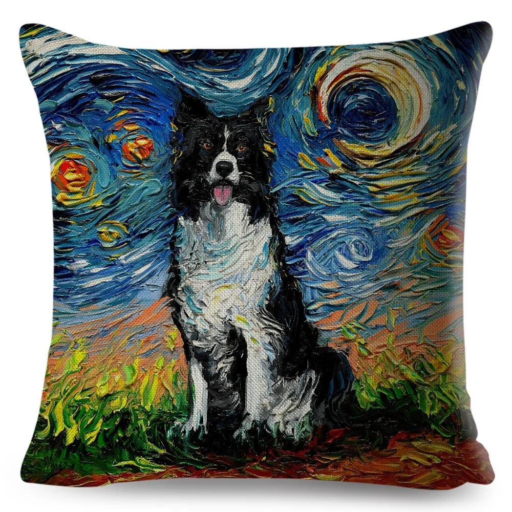 Both Sided Starry Sky Dog Cushion Cover Decor Oil Painting Cartoon Pet Animal Pillow Case for Sofa Home  Linen Pillowcase