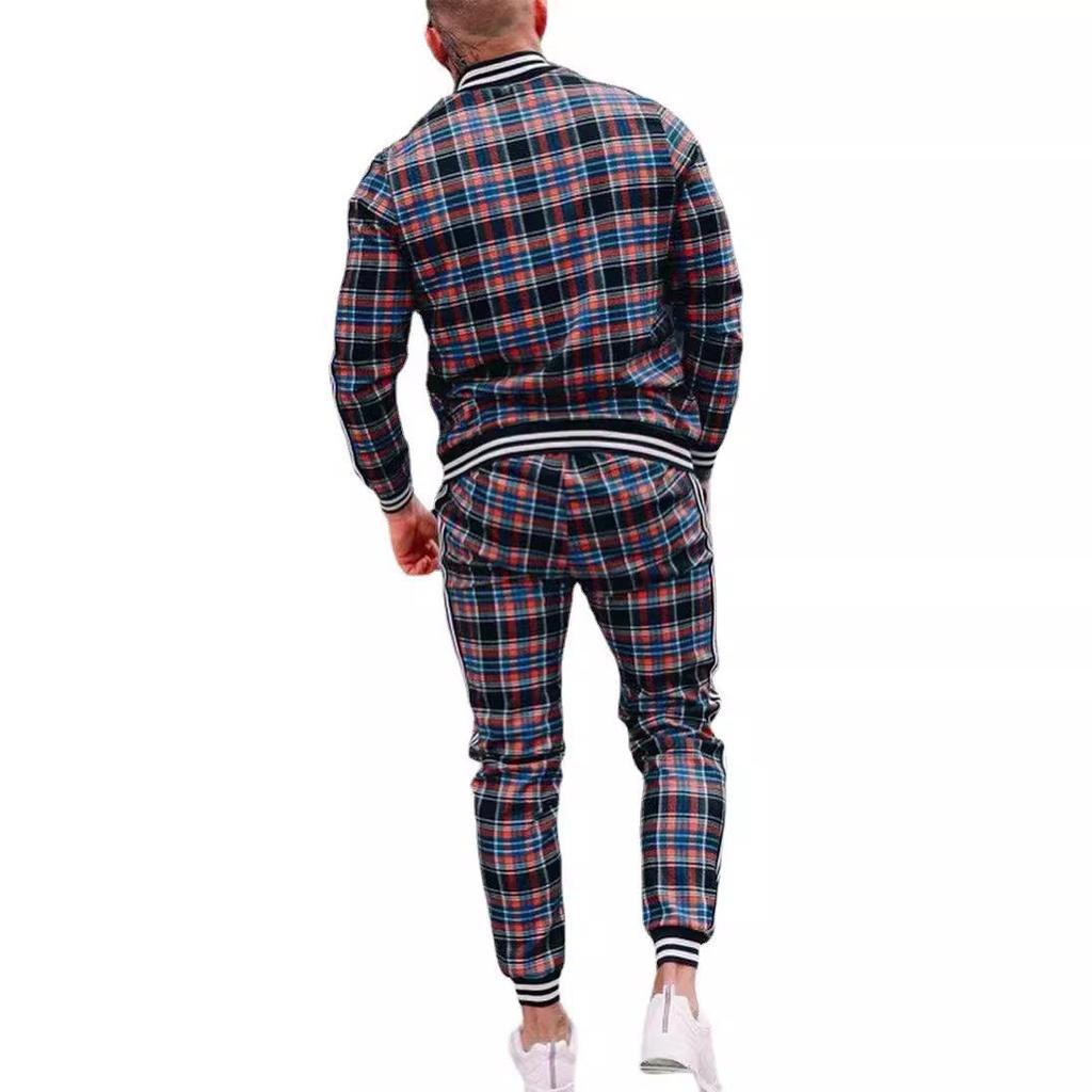 Autumn Men's Casual Plaid Sport Suit: Zip-Up Jacket & Long Pants Two-Piece Set