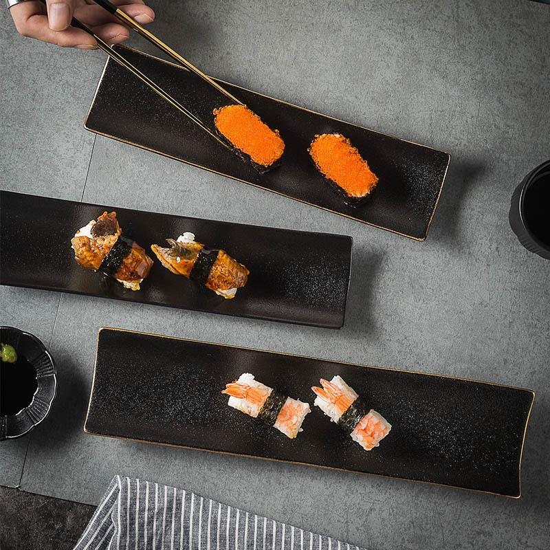 Japanese-Style Frosted Sushi Plate, Rectangular Black Phnom Penh Saury, Long Plate, Raw Fish Platter, Barbecue Plate, Dim Sum Plate