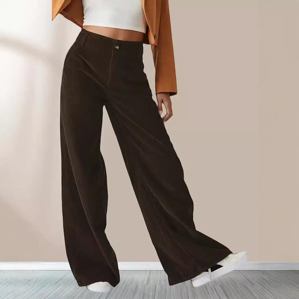 Women's High Waist Corduroy Pants Straight Leg Micro Stretch Pockets Casual Long Trousers For Autumn Winter
