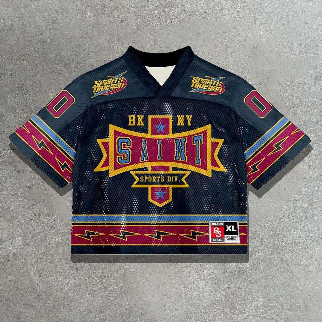 Maglietta americana Y2K, stile Harajuku, hip hop, moda, maglia da football, streetwear, vintage, casual, traspirante, con giunture, ampia, manica corta