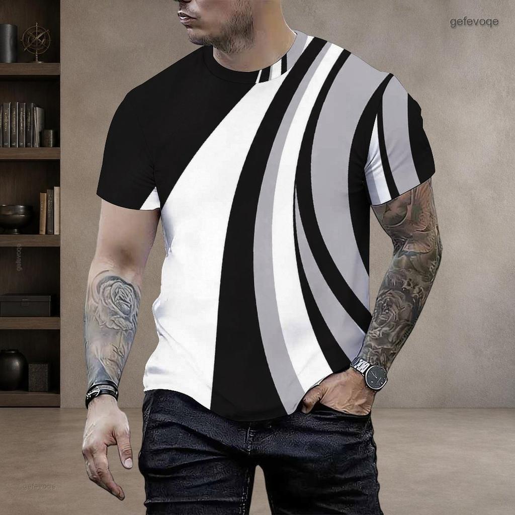 Mens Plus Size T Shirt Round Neck Short Sleeve Abstract Geometric Printed Black White Gray Pullover Straight Hem