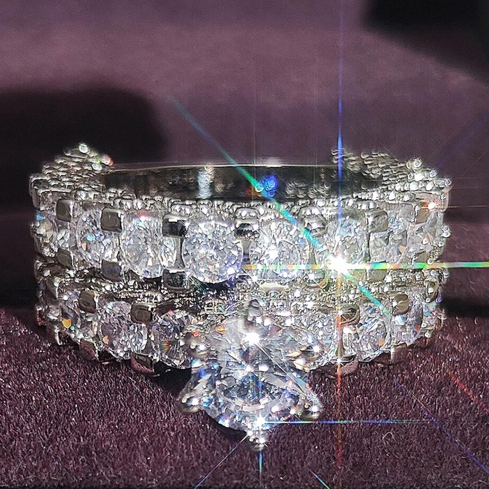 

European and American Style Zircon Ring Set with Eight Hearts and Arrows, Classic Round Full Diamond Engagement Band R4995 Size 7 білий