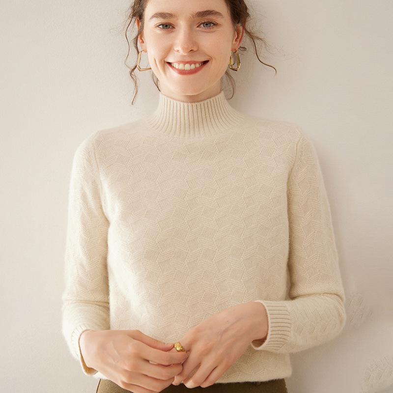Twisted Flower Half-High Collar Cashmere Knit Sweater - Women's Loose Solid Color Casual Pullover, Long Sleeve Warm Top